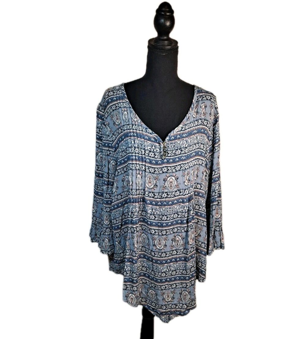 Farmers Market Women's Boho Tunic Size L V-neck Pleated Hi-low Hem Blue Multi